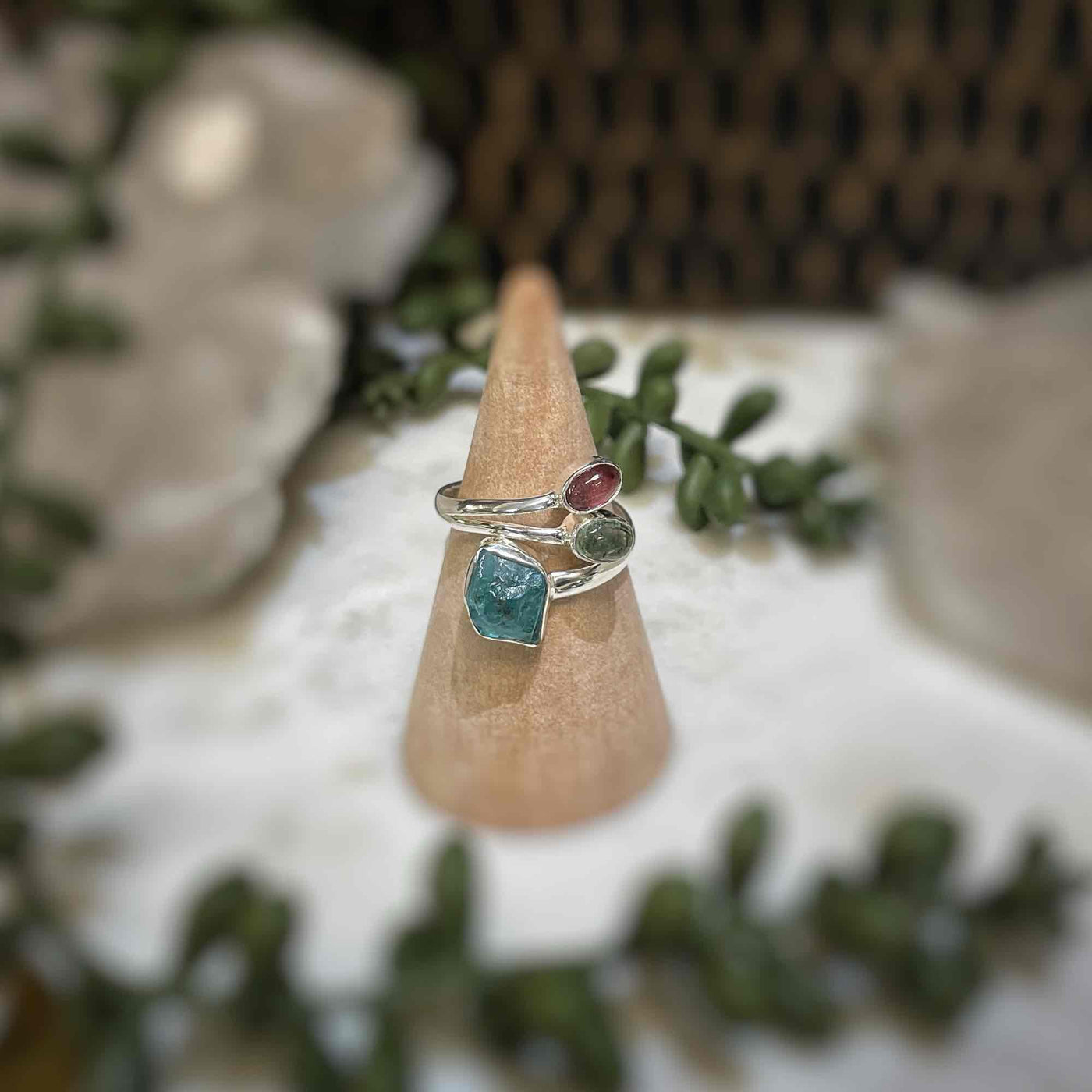 Adjustable 3 stone ring - Blue Apatite, Green Tourmaline, Pink Tourmaline - Sterling Silver size 8