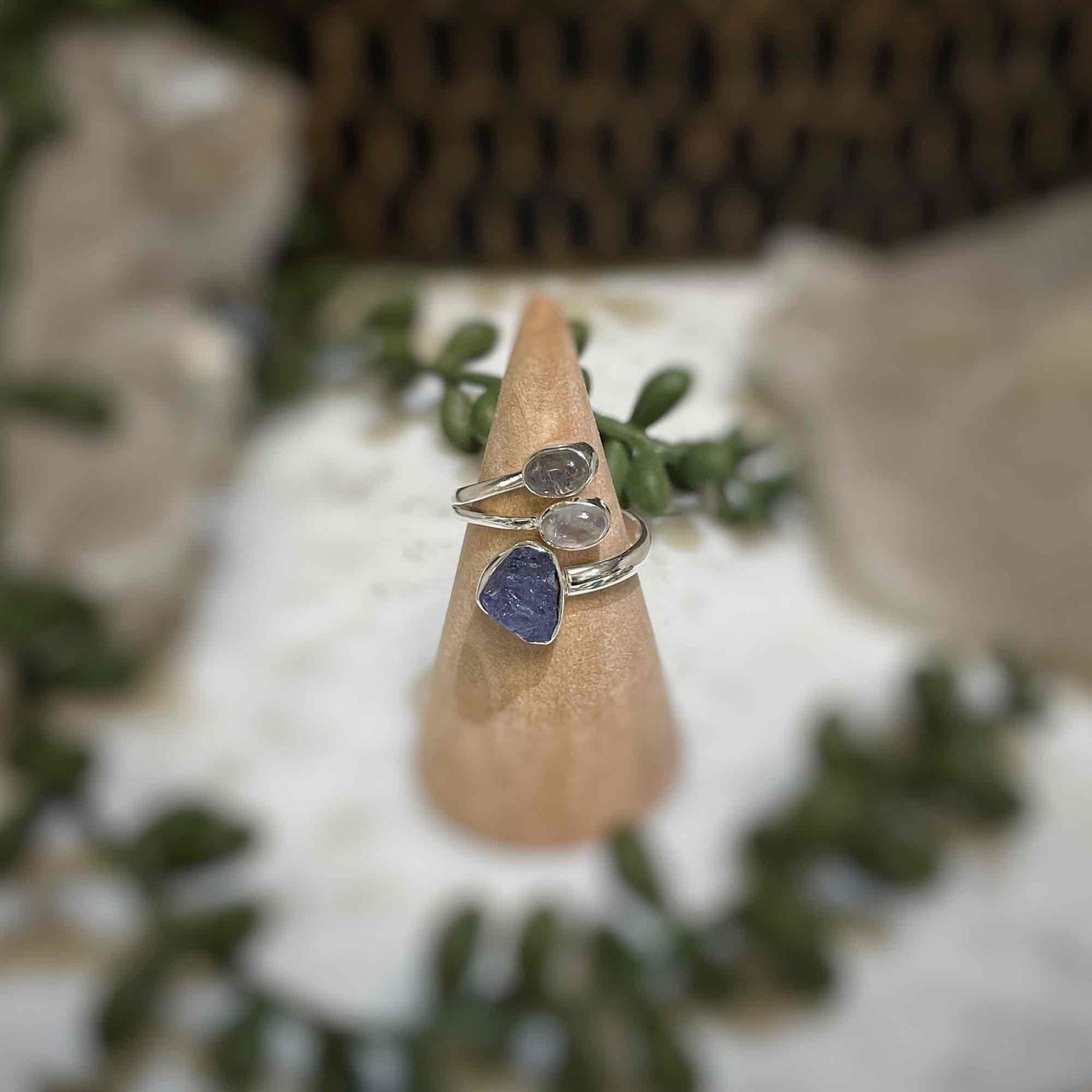 Adjustable 3 stone ring - Tanzanite, Rainbow Moonstone, Labradorite - Sterling Silver size 7