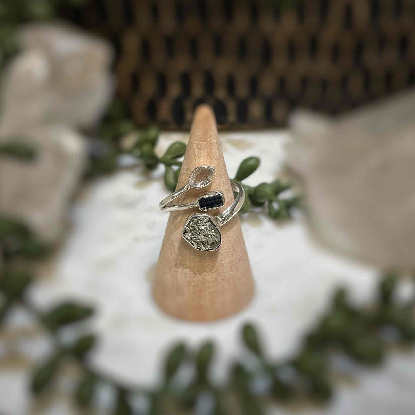 Adjustable 3 stone ring - Pyrite, Black Tourmaline, Pakimer Diamond - Sterling Silver size 7