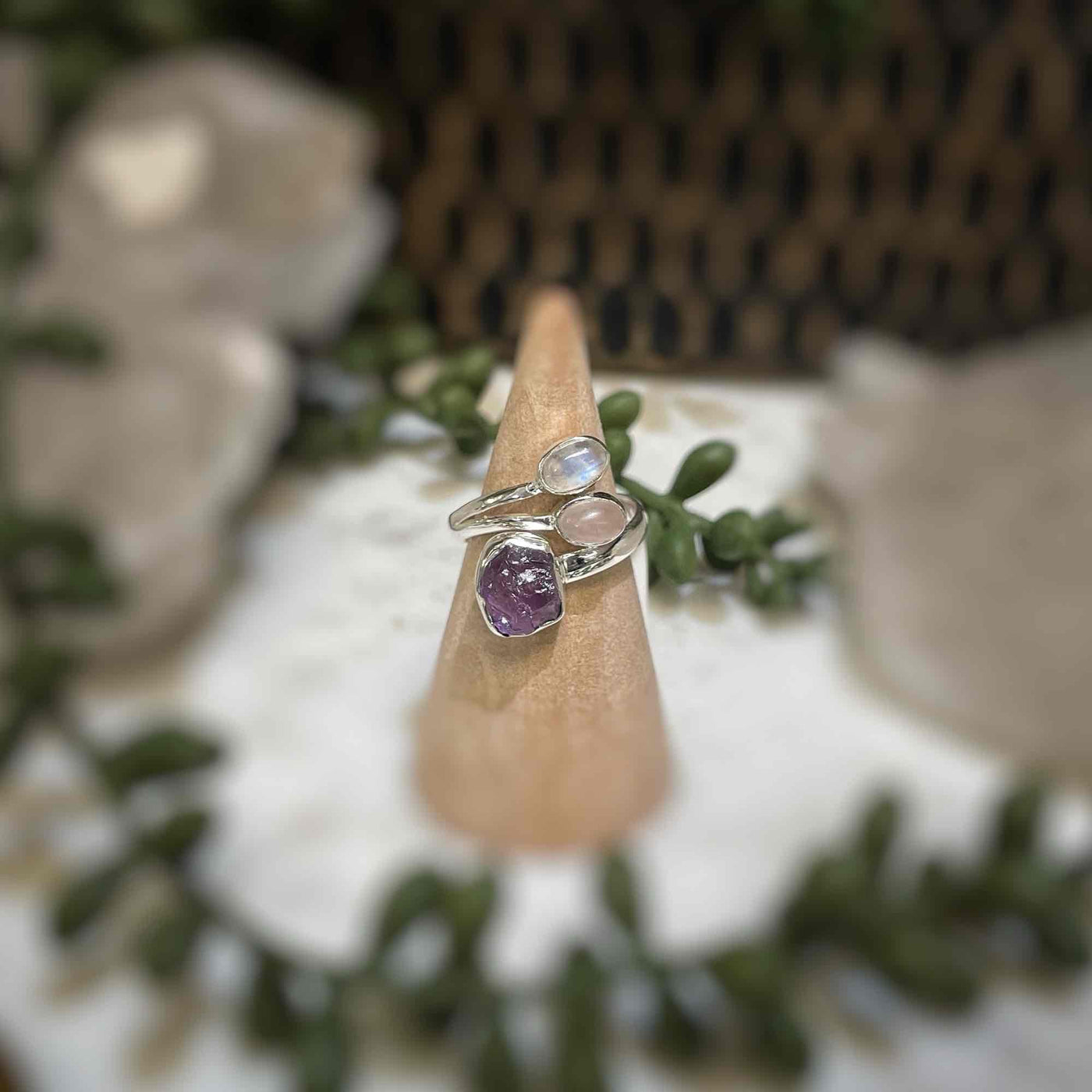 Adjustable 3 stone ring - Amethyst, Rose Quartz, Rainbow Moonstone - Sterling Silver size 7