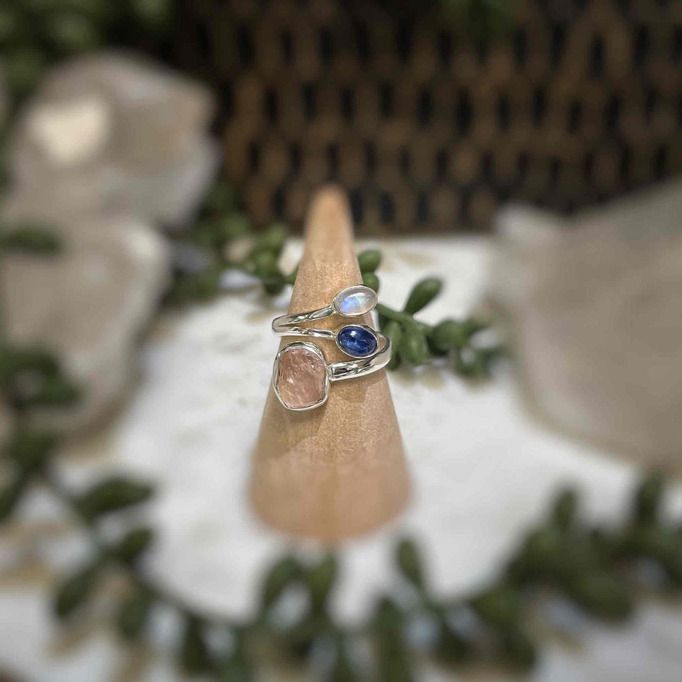 Adjustable 3 stone ring - Rose Quartz, Blue Kyanite, Rainbow Moonstone - Sterling Silver size 6