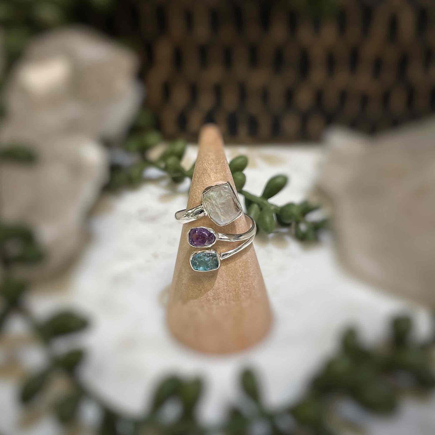 Adjustable 3 stone ring - Rainbow Moonstone, Amethyst, Blue Apatite - Sterling Silver size 7
