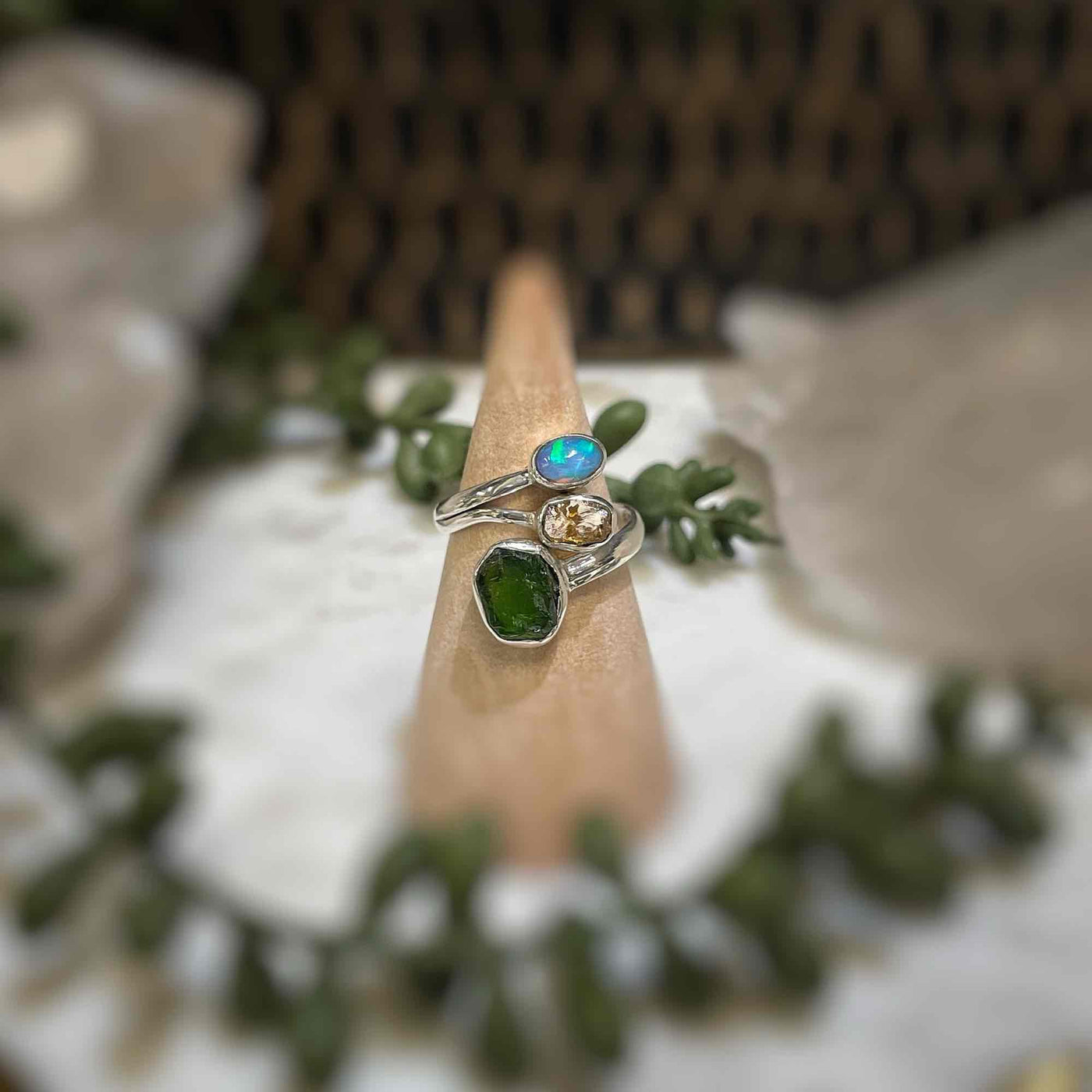 Adjustable 3 stone ring - Chrome Diopside, Citrine, Ethiopian Opal - Sterling Silver size 7
