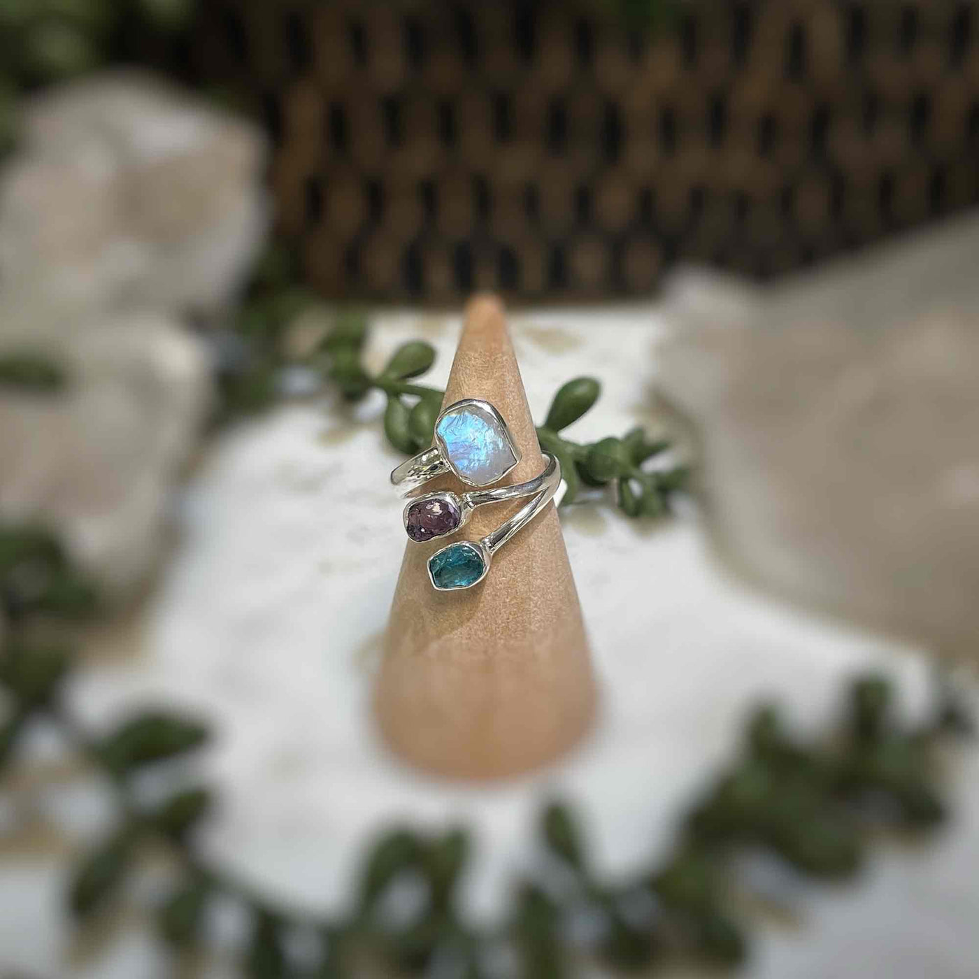Adjustable 3 stone ring - Rainbow Moonstone, Amethyst, Blue Apatite - Sterling Silver size 6