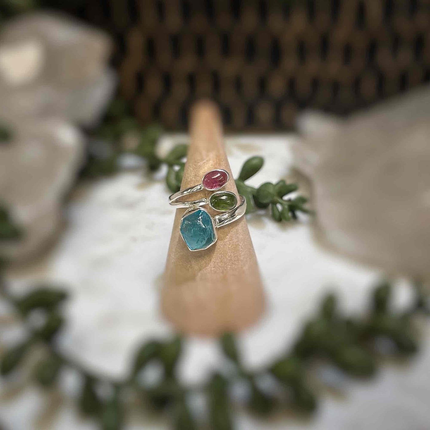 Adjustable 3 stone ring - Blue Apatite, Green Tourmaline, Pink Tourmaline - Sterling Silver size 6