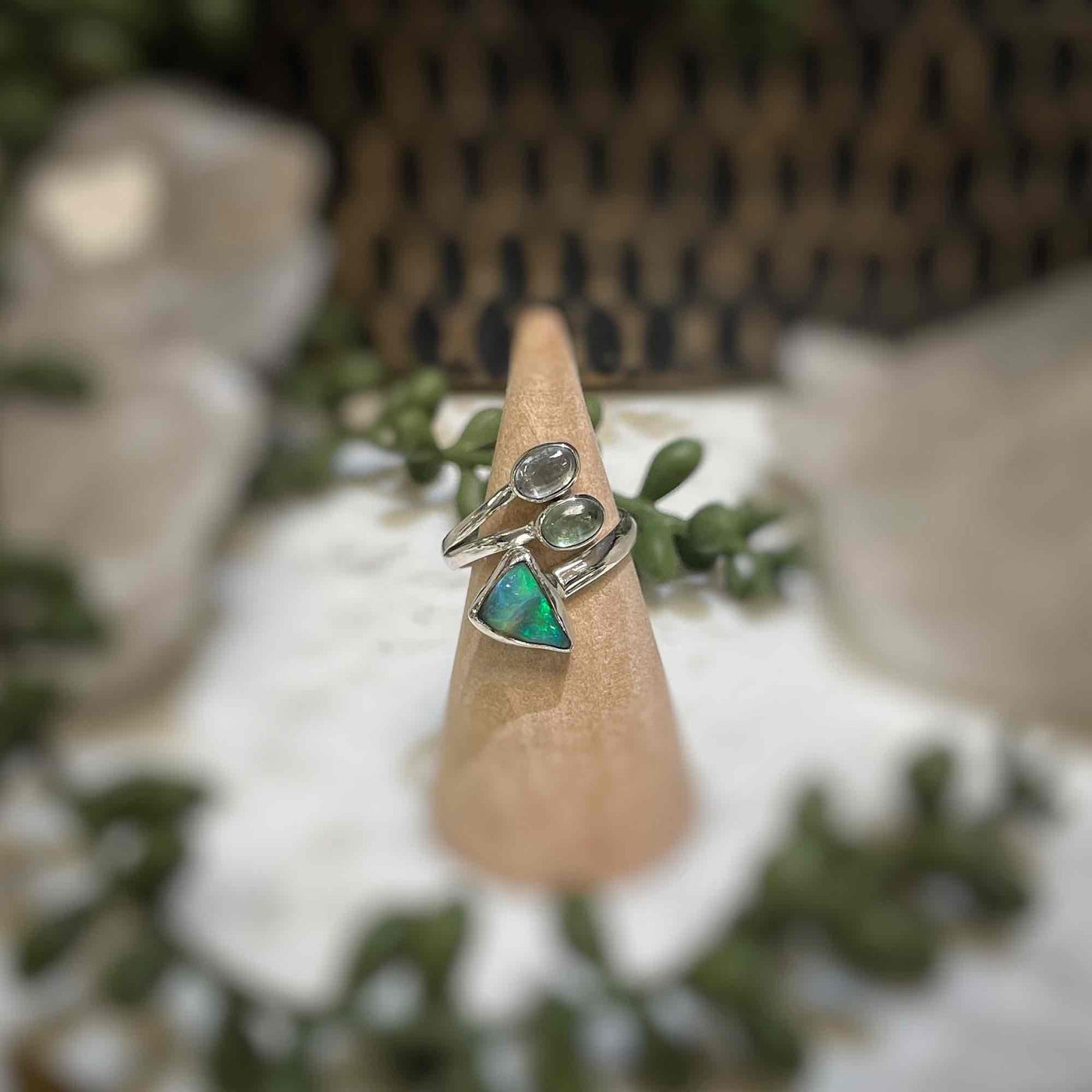 Adjustable 3 stone ring - Ethiopian Opal, Green Kyanite, Aqua Kyanite - Sterling Silver size 6