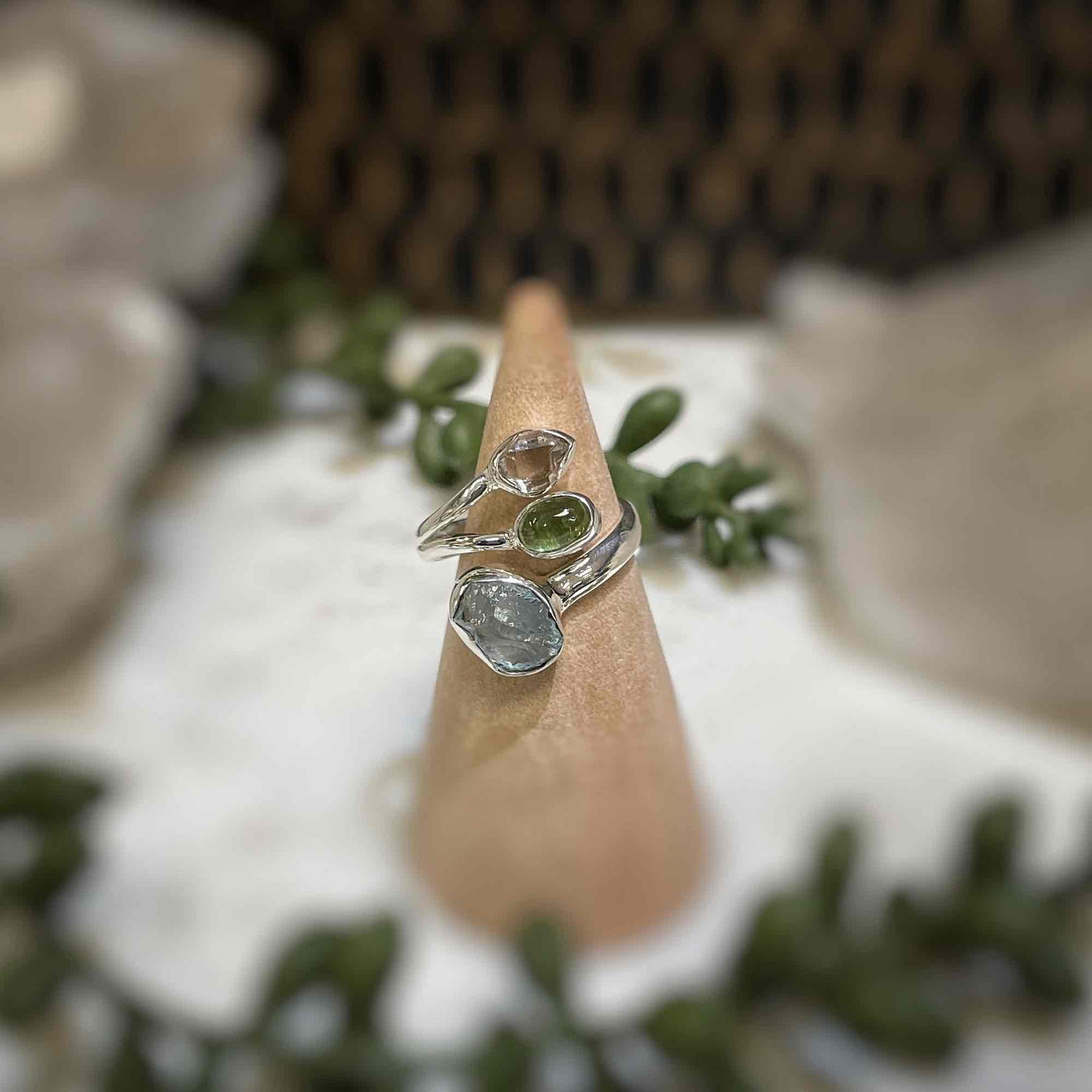 Adjustable 3 stone ring - Aquamarine, Green Tourmaline, Pakimer Diamond - Sterling Silver size 5