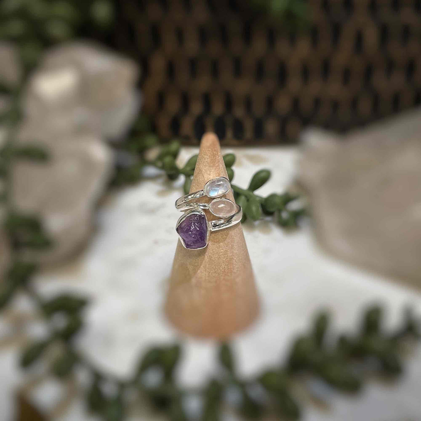 Adjustable 3 stone ring - Amethyst, Rose Quartz, Rainbow Moonstone - Sterling Silver size 5