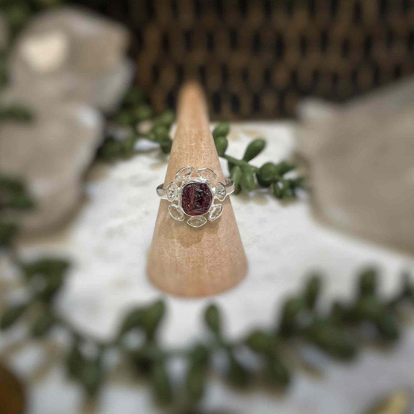 2 stone flower ring - Garnet, Pakimer Diamond - Sterling Silver size 9
