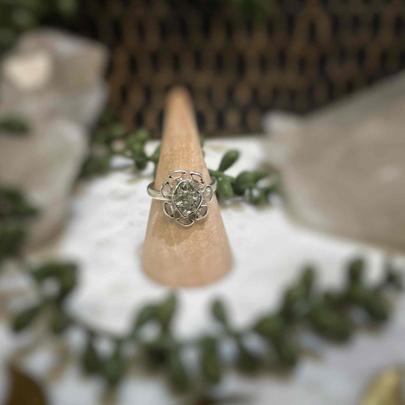 2 stone flower ring - Pyrite, Pakimer Diamond - Sterling Silver size 8