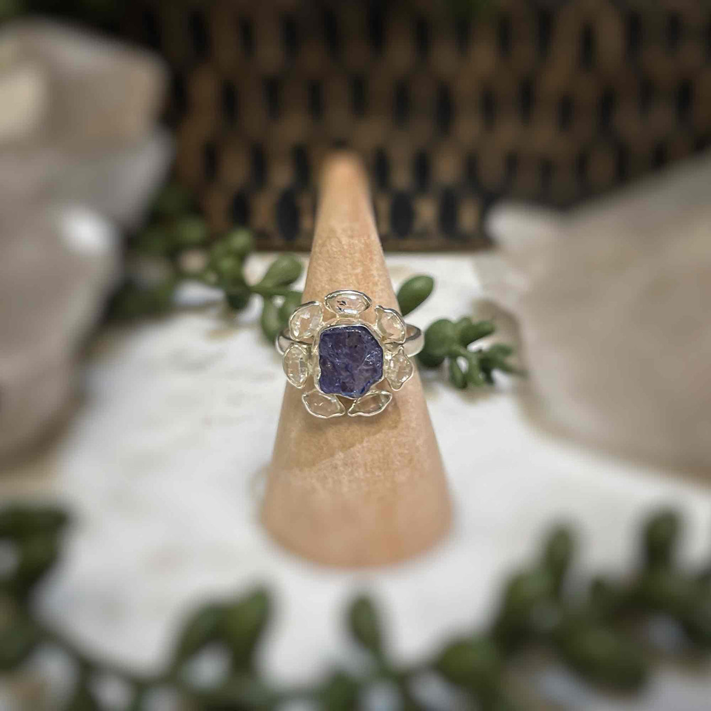 2 stone flower ring - Tanzanite, Pakimer Diamond - Sterling Silver size 8