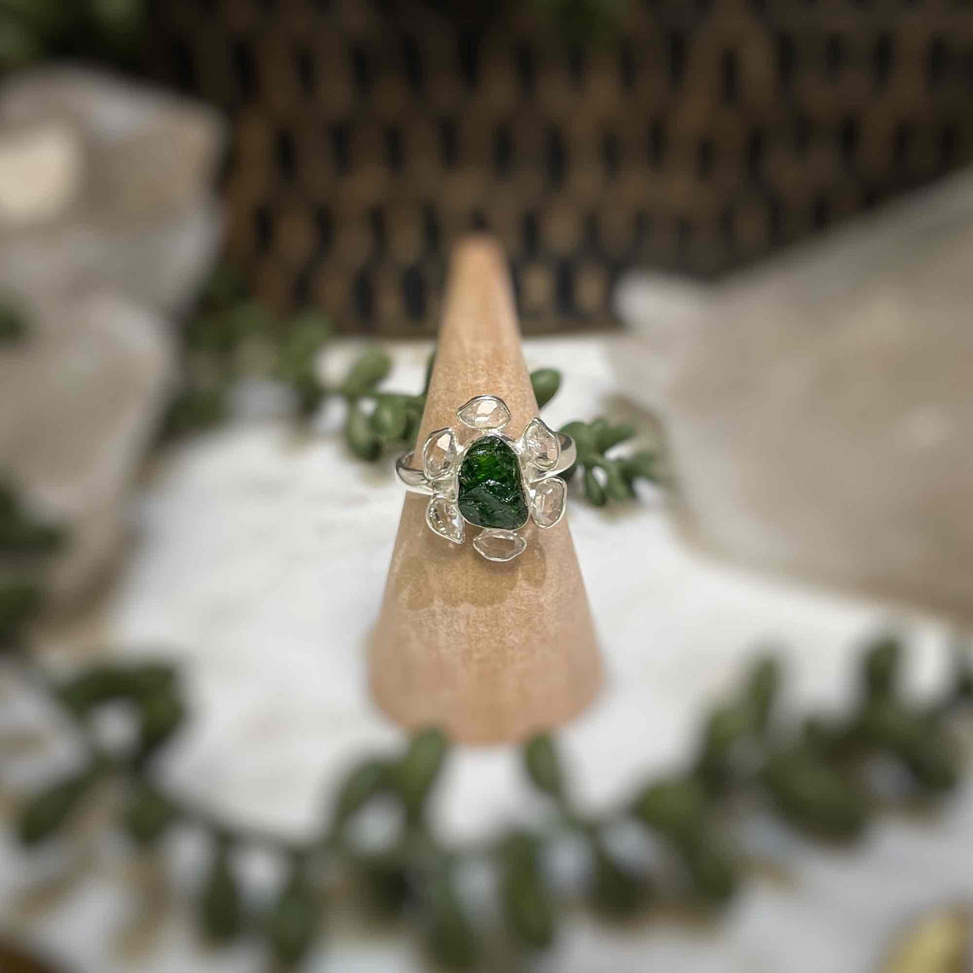 2 stone flower ring - Chrome Diopside, Pakimer Diamond - Sterling Silver size 8