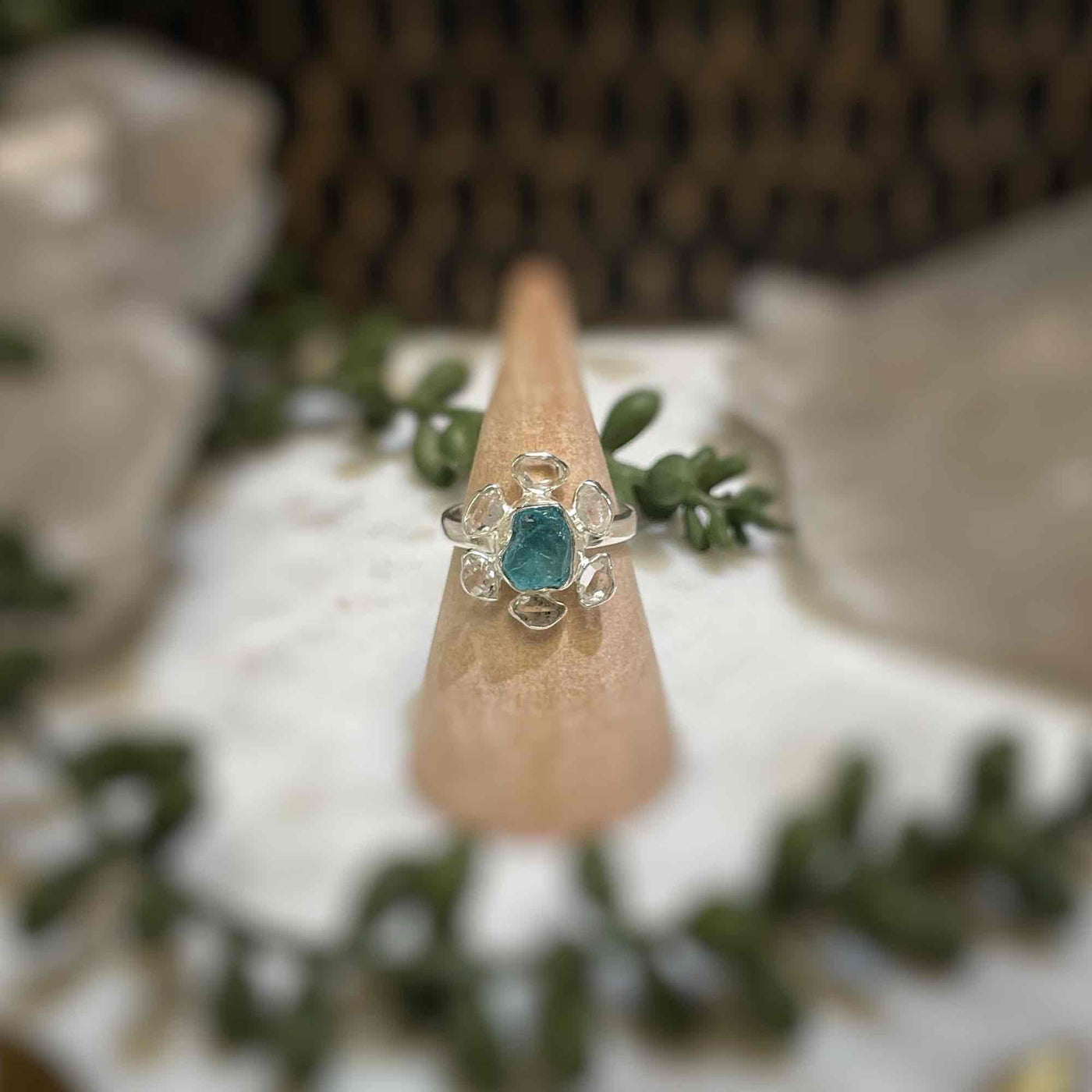 2 stone flower ring - Blue Apatite, Pakimer Diamond - Sterling Silver size 7