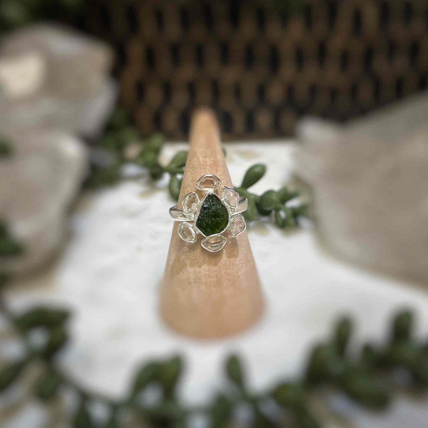 2 stone flower ring - Chrome Diopside, Pakimer Diamond - Sterling Silver size 7