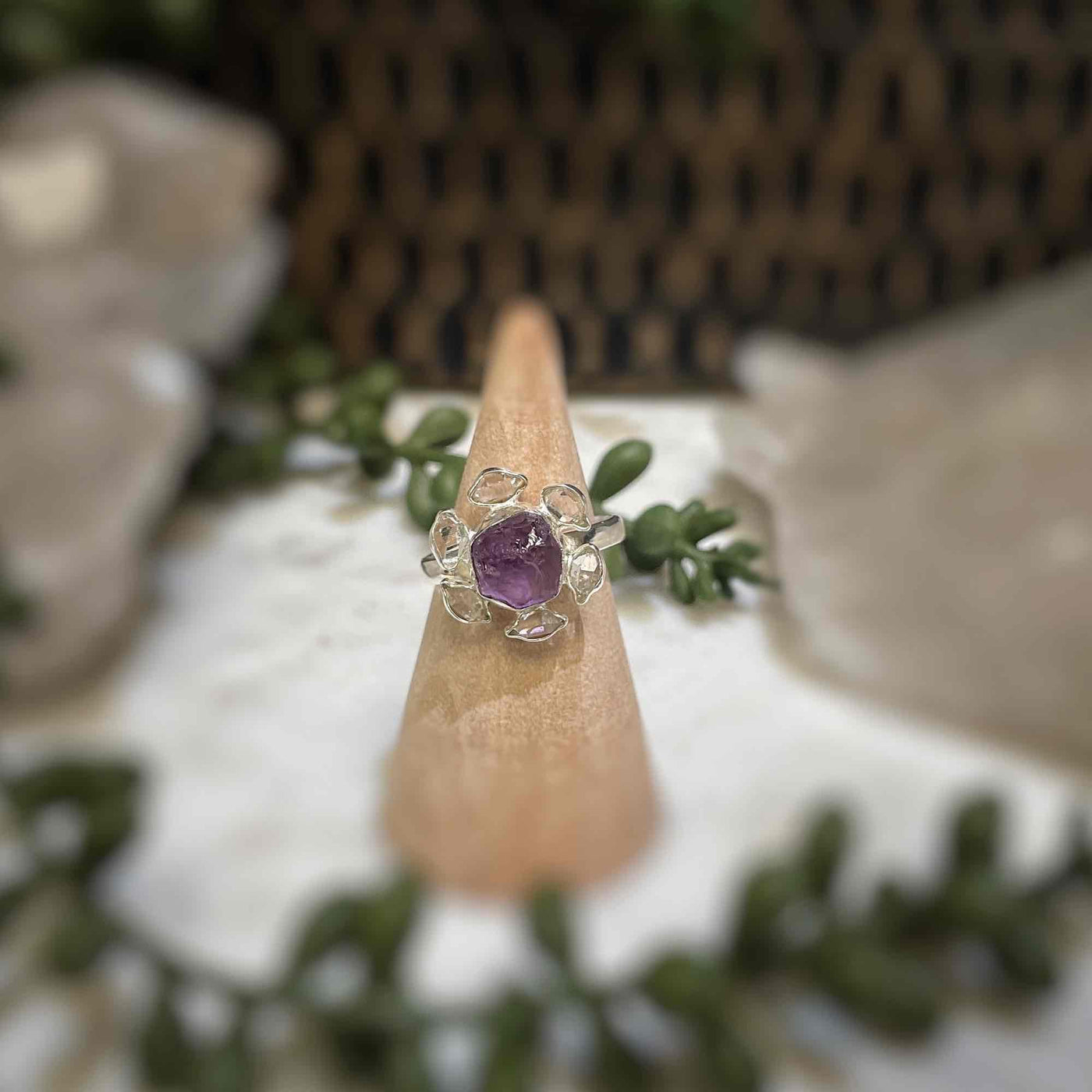 2 stone flower ring - Amethyst, Pakimer Diamond - Sterling Silver size 7