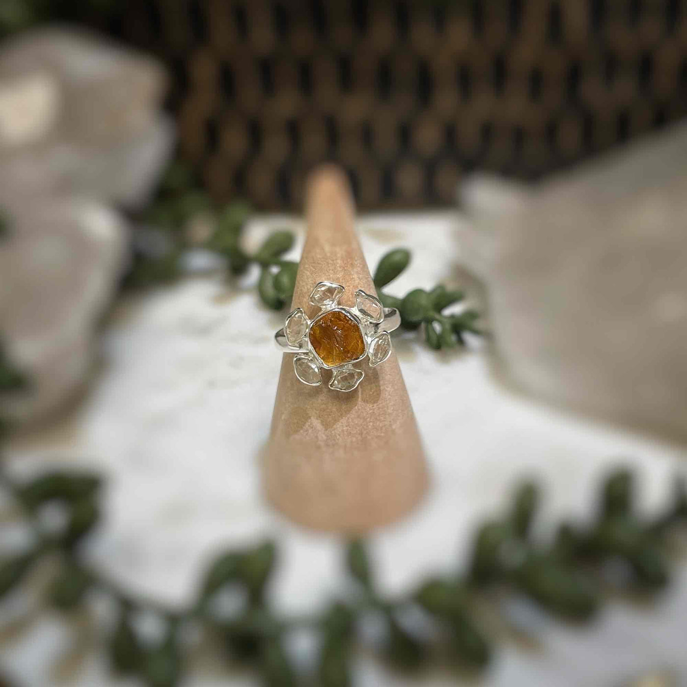 2 stone flower ring - Citrine, Pakimer Diamond - Sterling Silver size 7