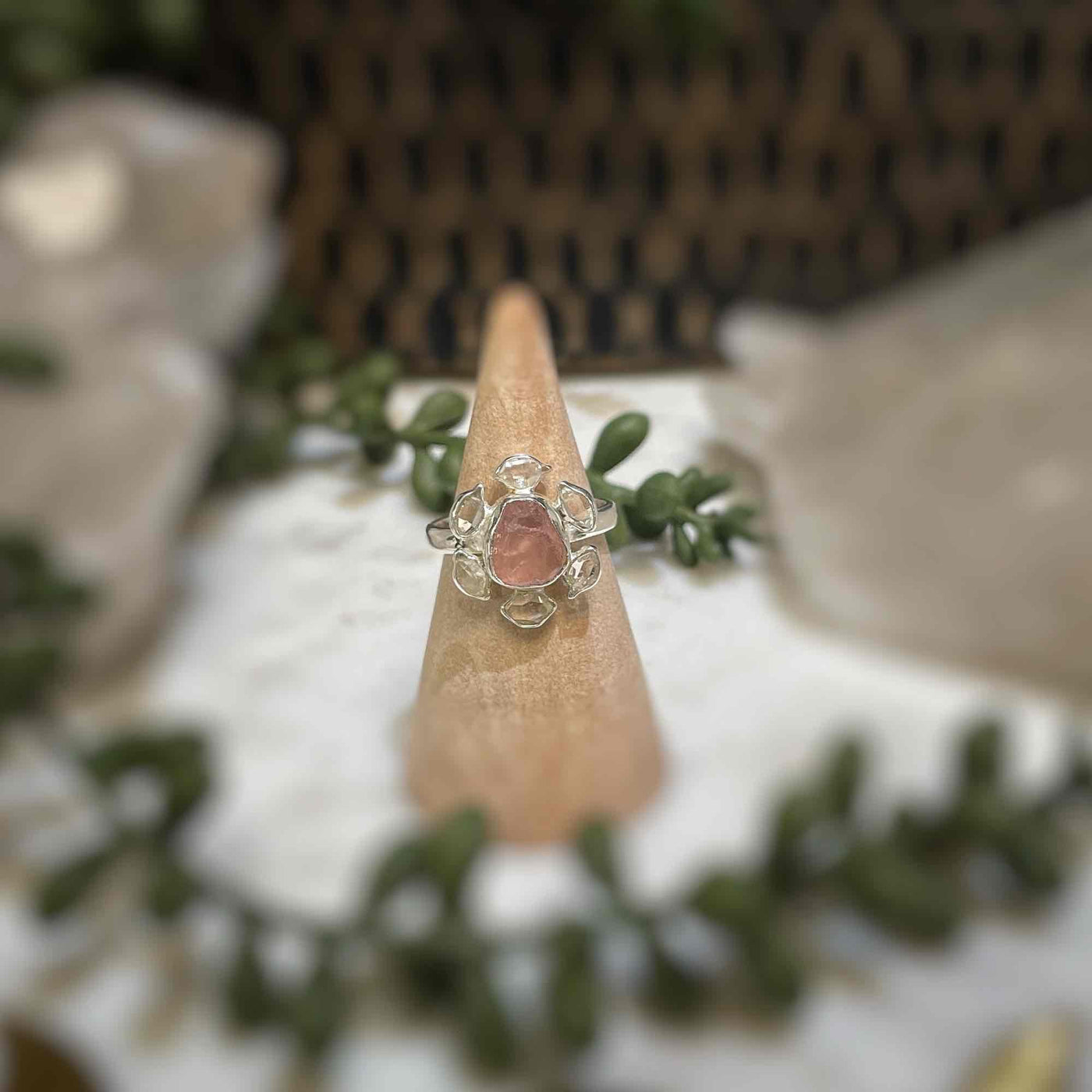 2 stone flower ring - Rose Quartz, Pakimer Diamond - Sterling Silver size 7