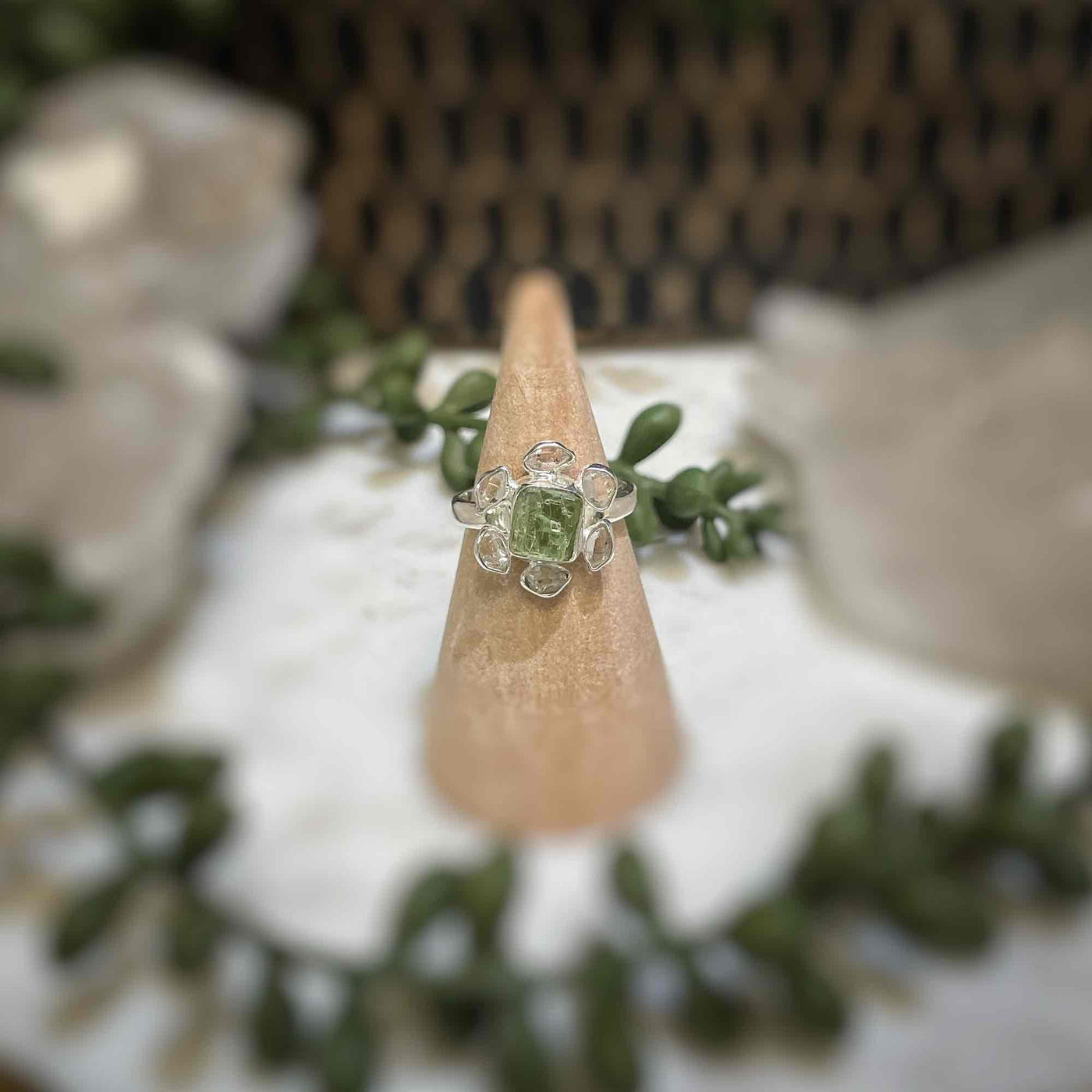 2 stone flower ring - Green Kyanite, Pakimer Diamond - Sterling Silver size 6