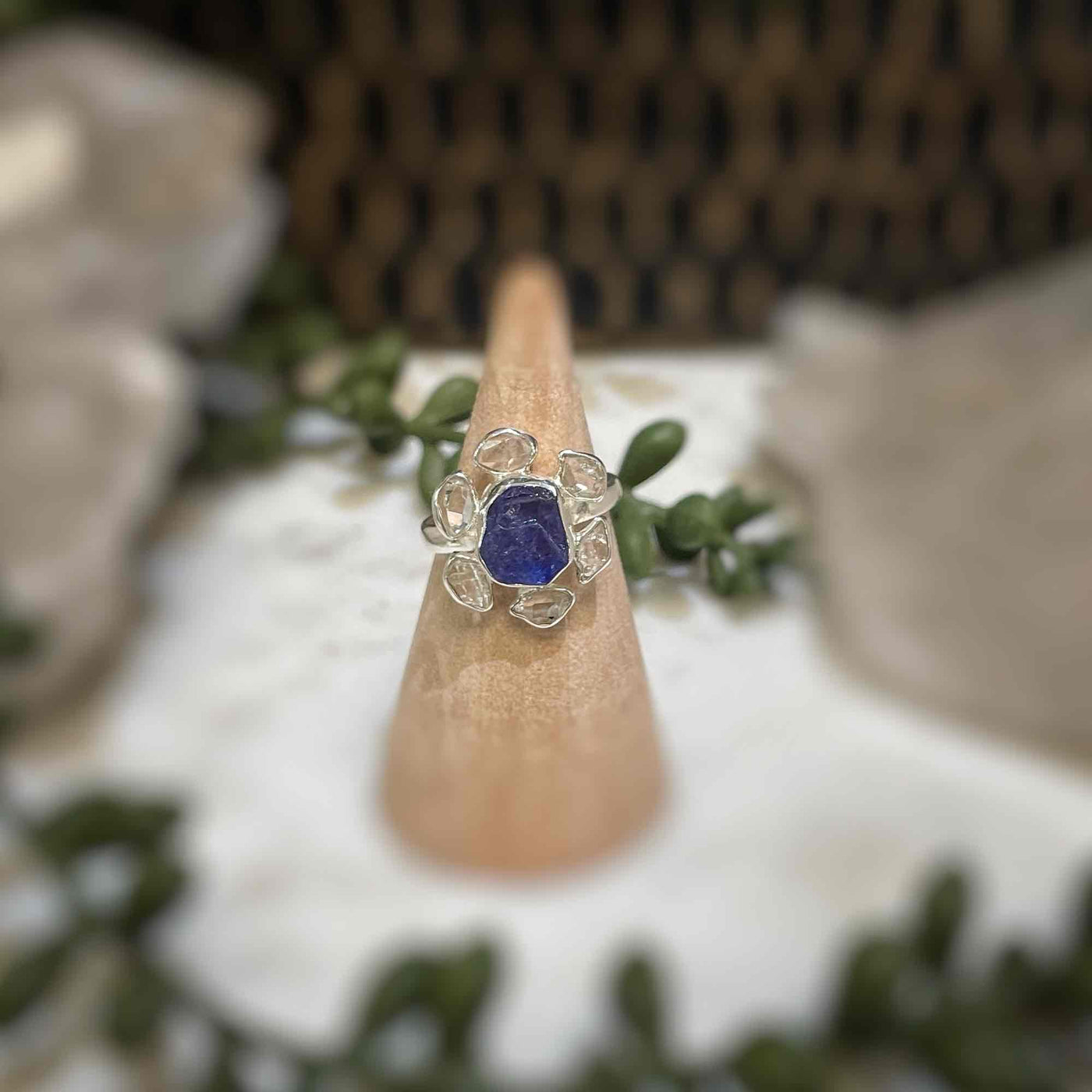 2 stone flower ring - Tanzanite, Pakimer Diamond - Sterling Silver size 6