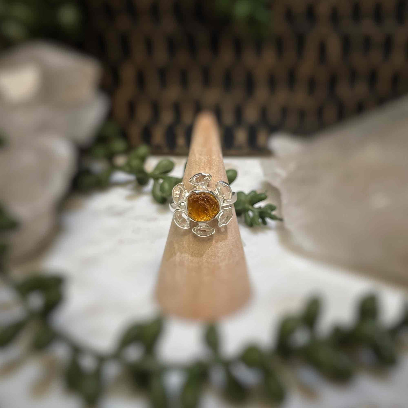 2 stone flower ring - Citrine, Pakimer Diamond - Sterling Silver size 6