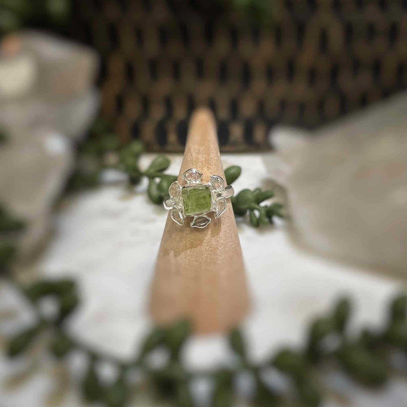 2 stone flower ring - Green Kyanite, Pakimer Diamond - Sterling Silver size 5