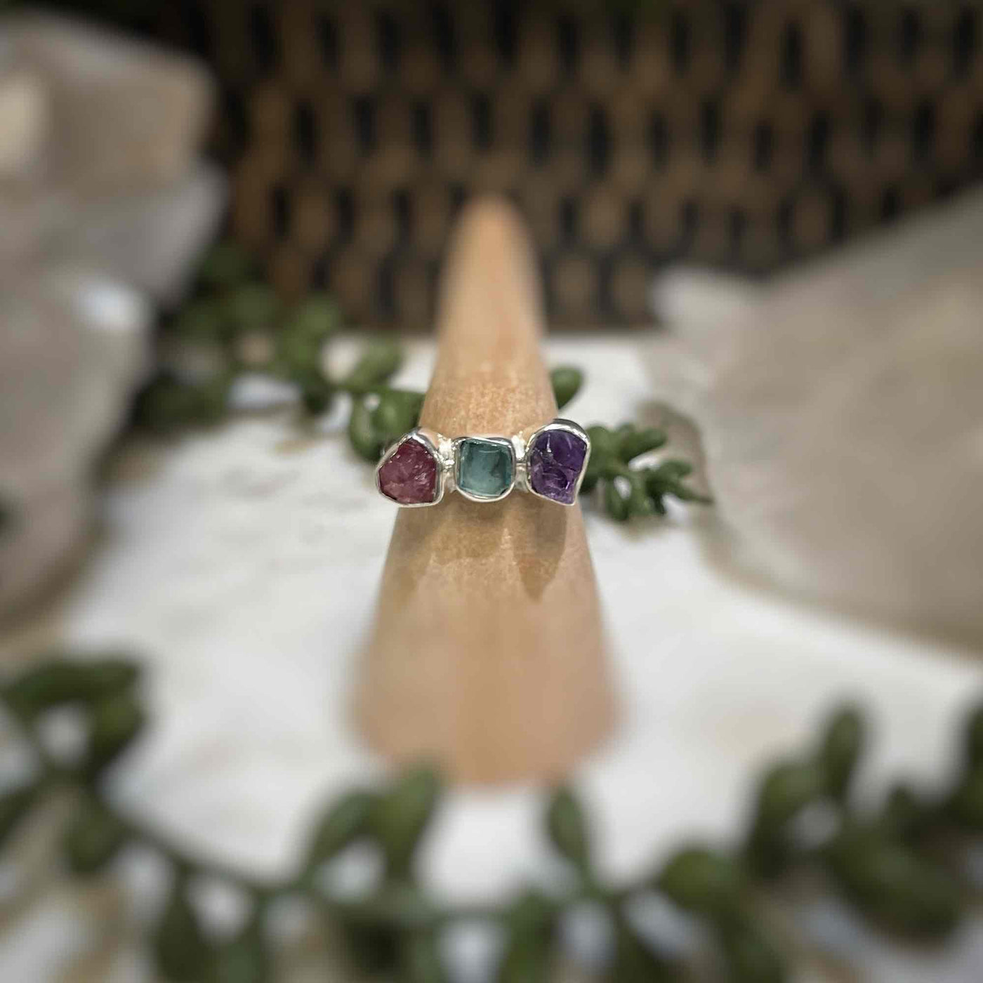 3 stone ring - Amethyst, Blue Apatite, Pink Tourmaline - Sterling Silver size 6