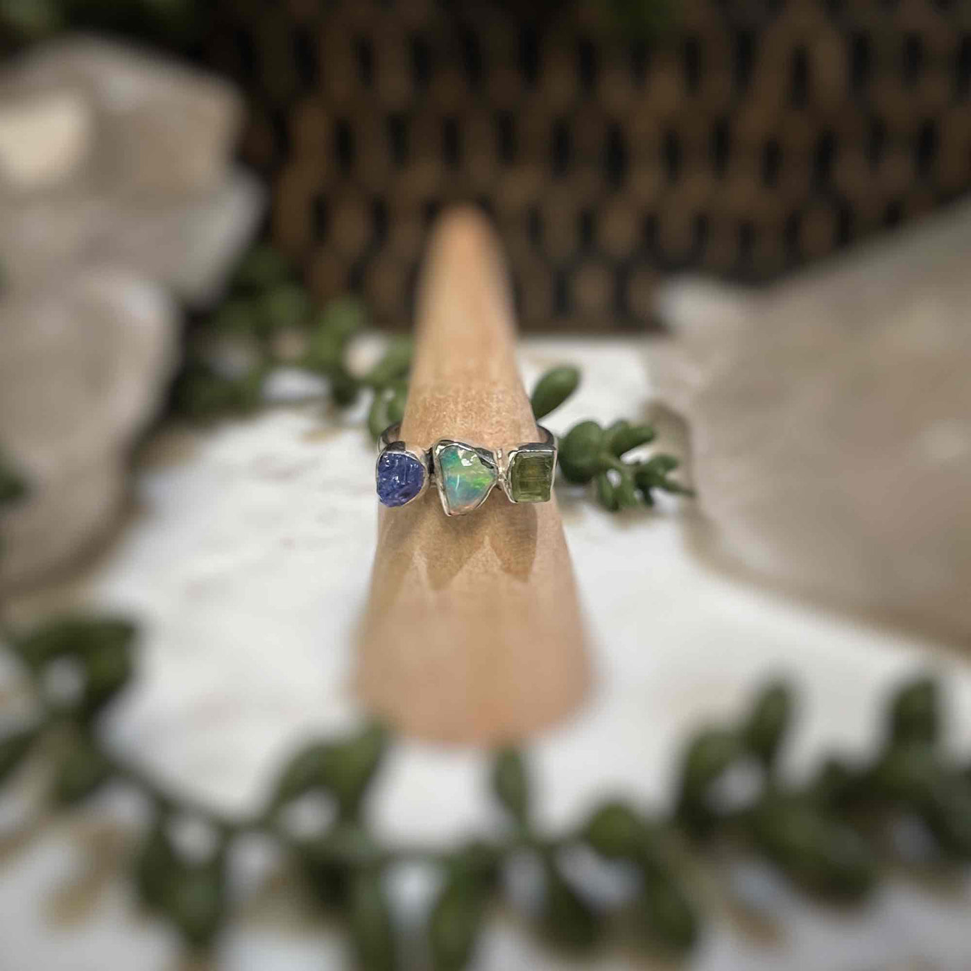 3 stone ring - Mint Green Kyanite, Ethiopian Opal, Tanzanite - Sterling Silver size 6