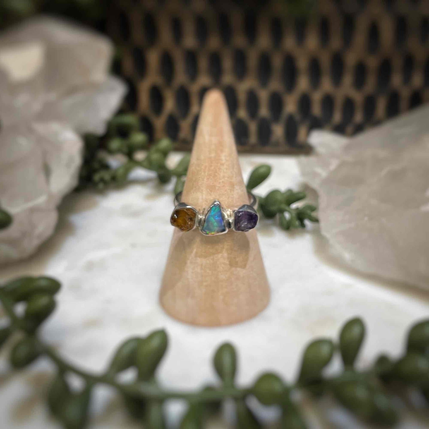 3 stone ring - Citrine, Ethiopian Opal, Amethyst - Sterling Silver size 8