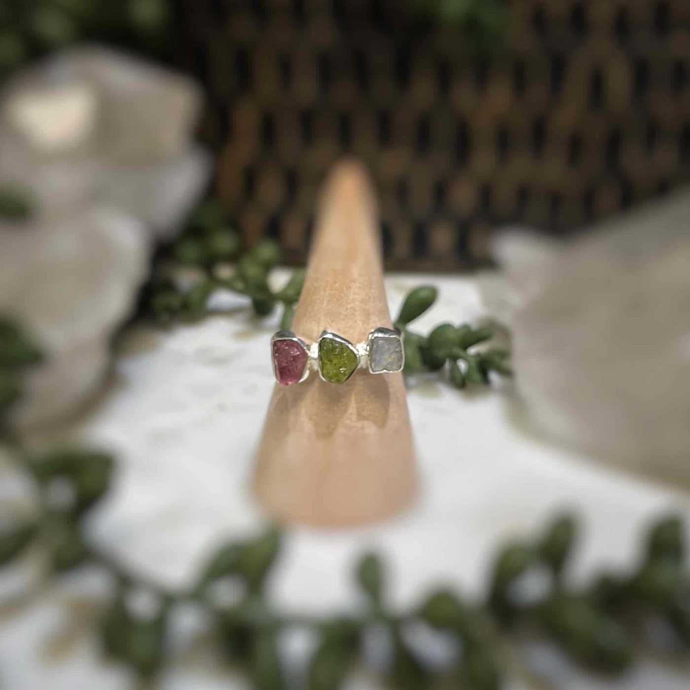 3 stone ring - Pink Tourmaline, Green Tourmaline, Rainbow moonstone - Sterling Silver size 8