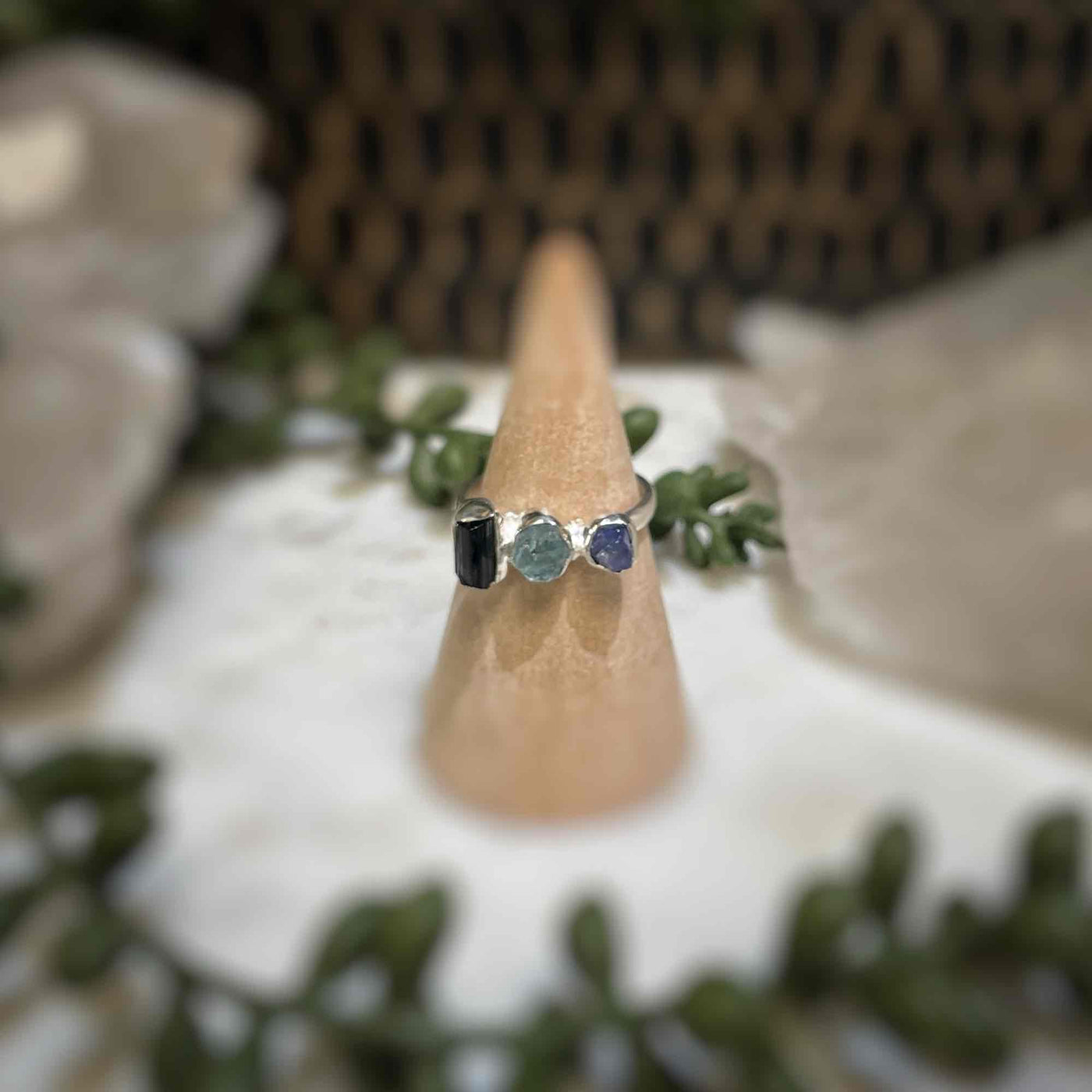 3 stone ring - Tanzanite, Aquamarine, Black Tourmaline - Sterling Silver size 7