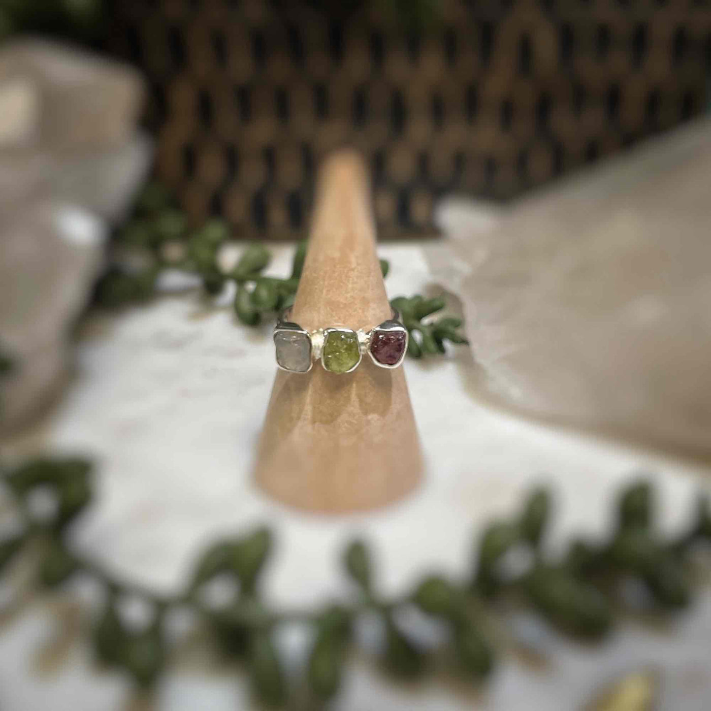 3 stone ring - Pink Tourmaline, Green Tourmaline, Rainbow Moonstone - Sterling Silver size 7