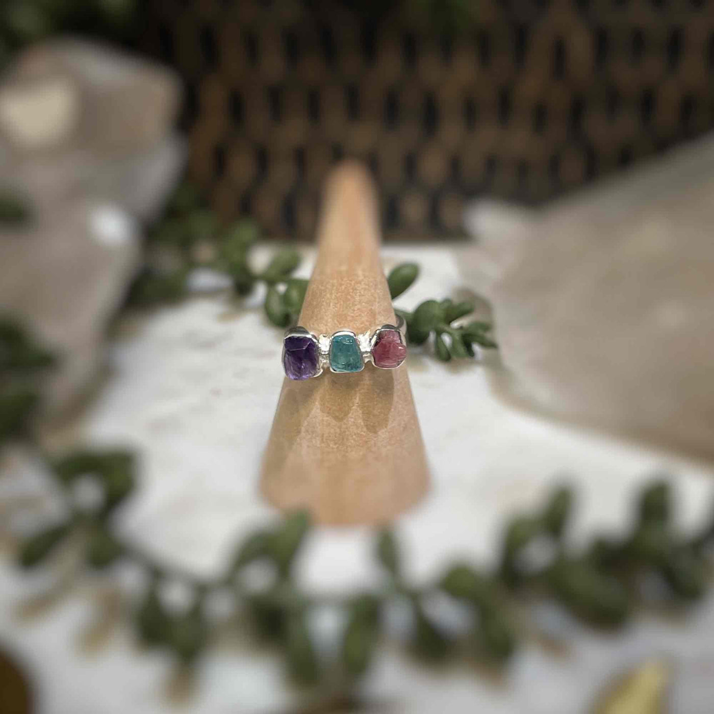 3 stone ring - Amethyst, Blue Apatite, Pink Tourmaline - Sterling Silver size 7