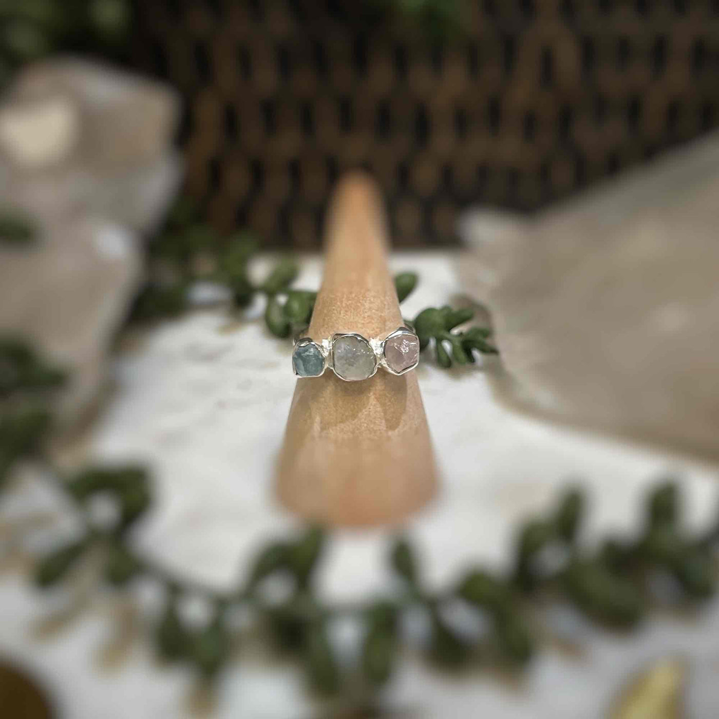3 stone ring - Morganite, Rainbow Moonstone, Aquamarine - Sterling Silver size 7