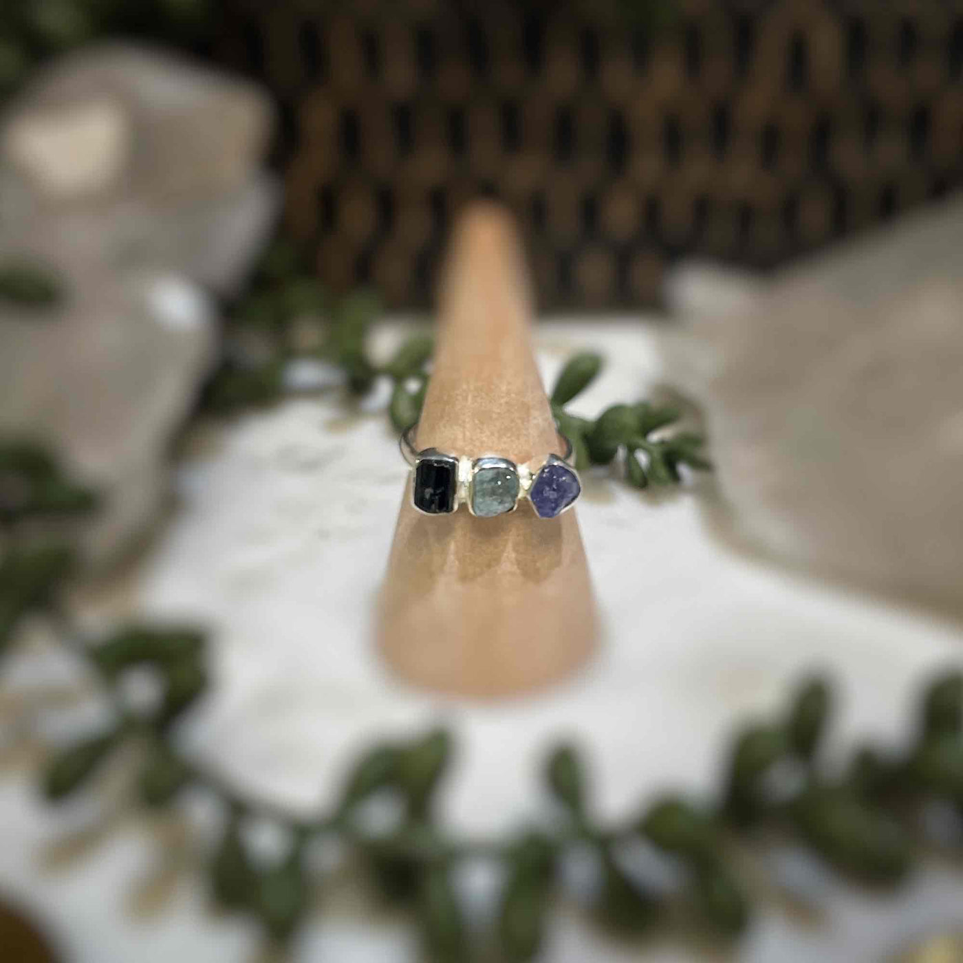 3 stone ring - Tanzanite, Aquamarine, Black Tourmaline - Sterling Silver size 8