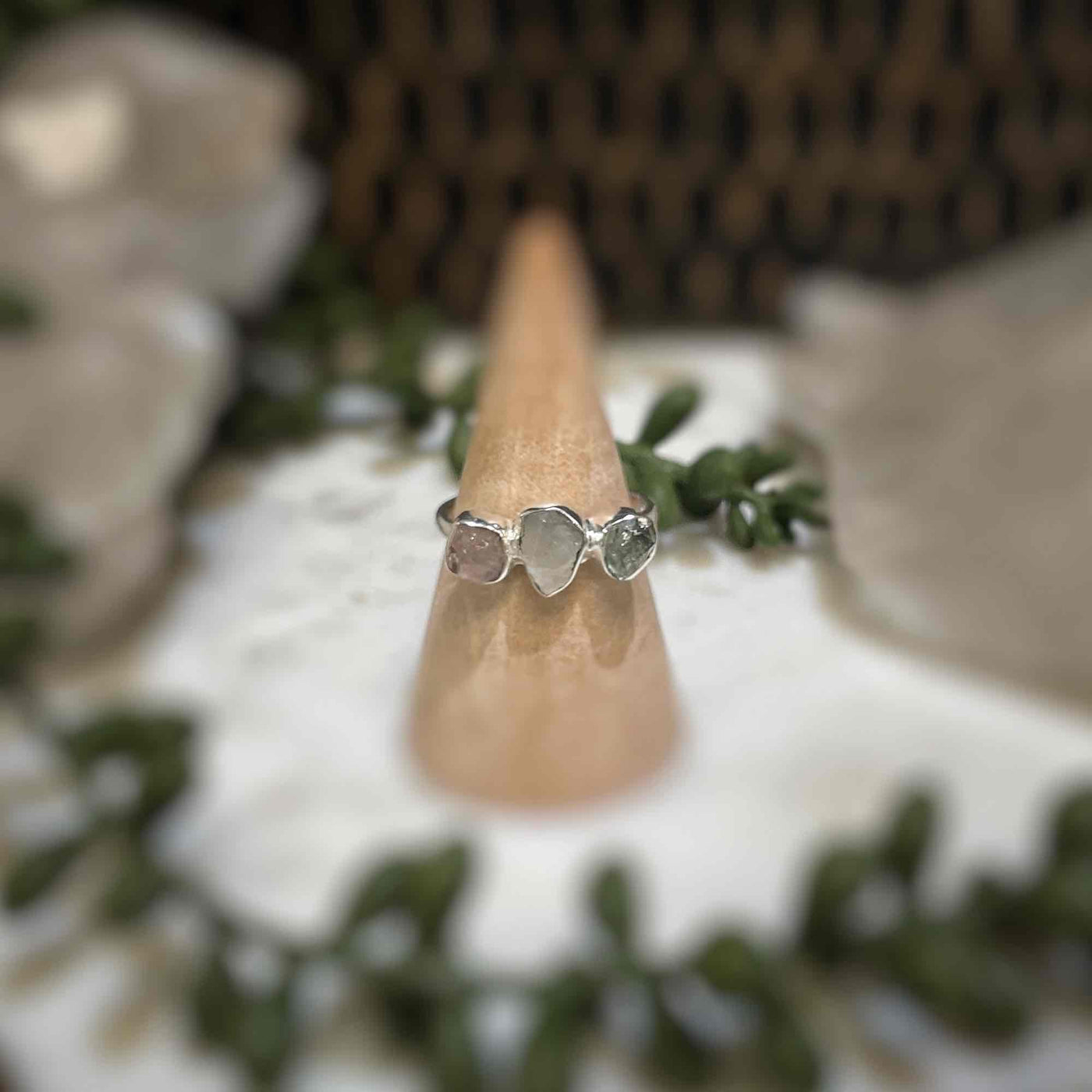 3 stone ring - Morganite, Rainbow Moonstone, Aquamarine - Sterling Silver size 9