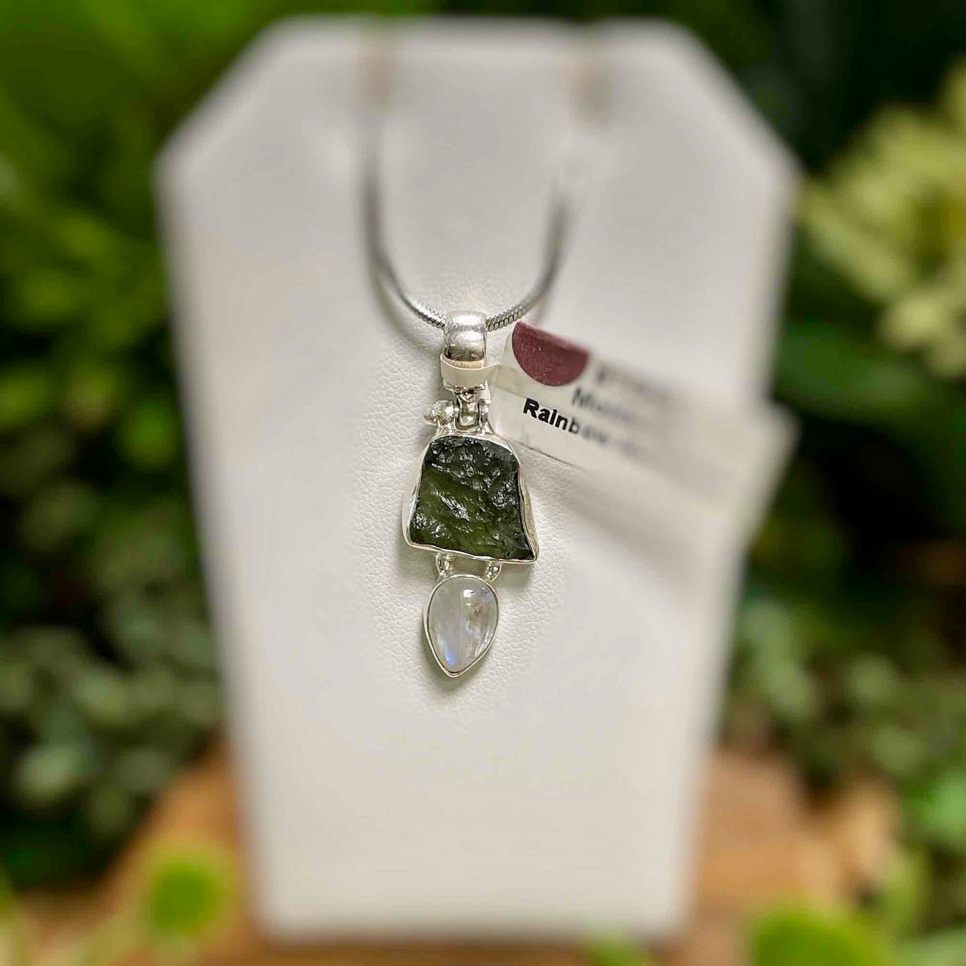 Moldavite + Rainbow Moonstone - Sterling Silver Pendant