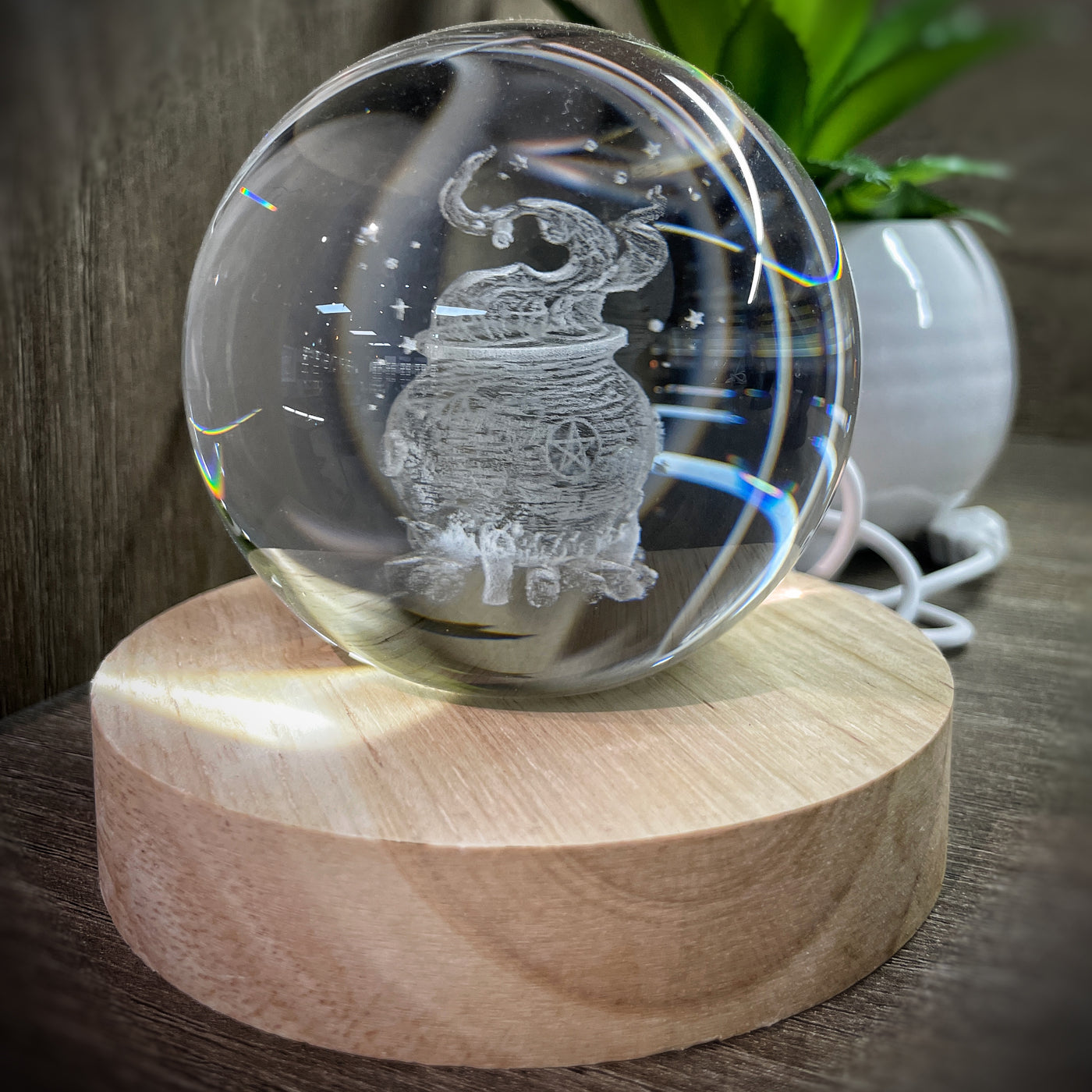 Cauldron - Laser Engraved - lighted wood base - Glass Crystal Ball