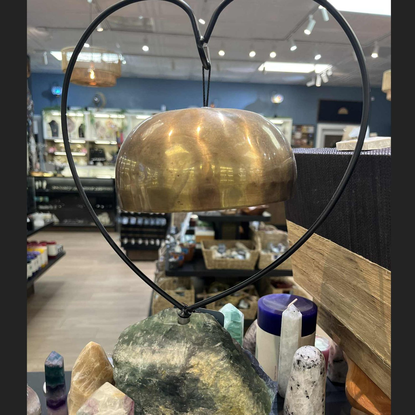 Singing Bowl with Heart Stand on Large Fluorite