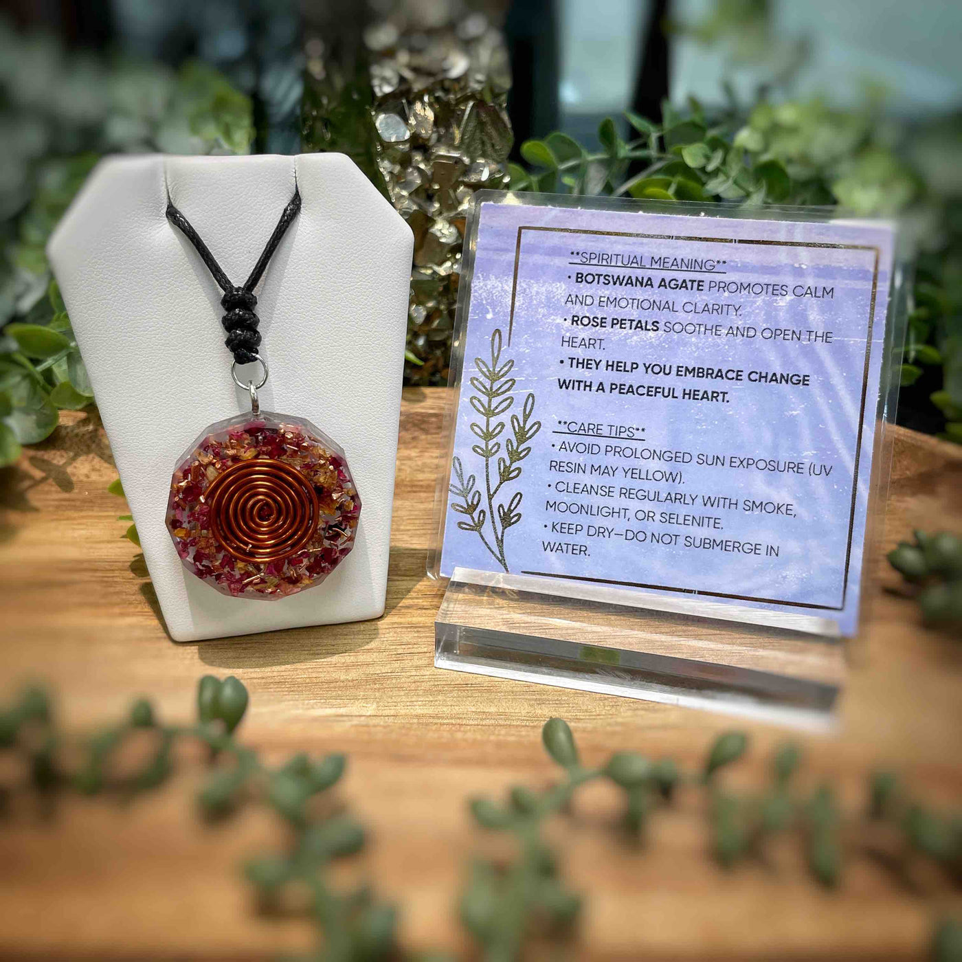 Orgonite Pendant - Botswana Agate + Rose Petals - Peaceful Clarity