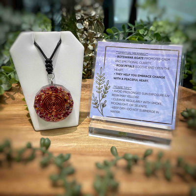 Orgonite Pendant - Botswana Agate + Rose Petals - Peaceful Clarity