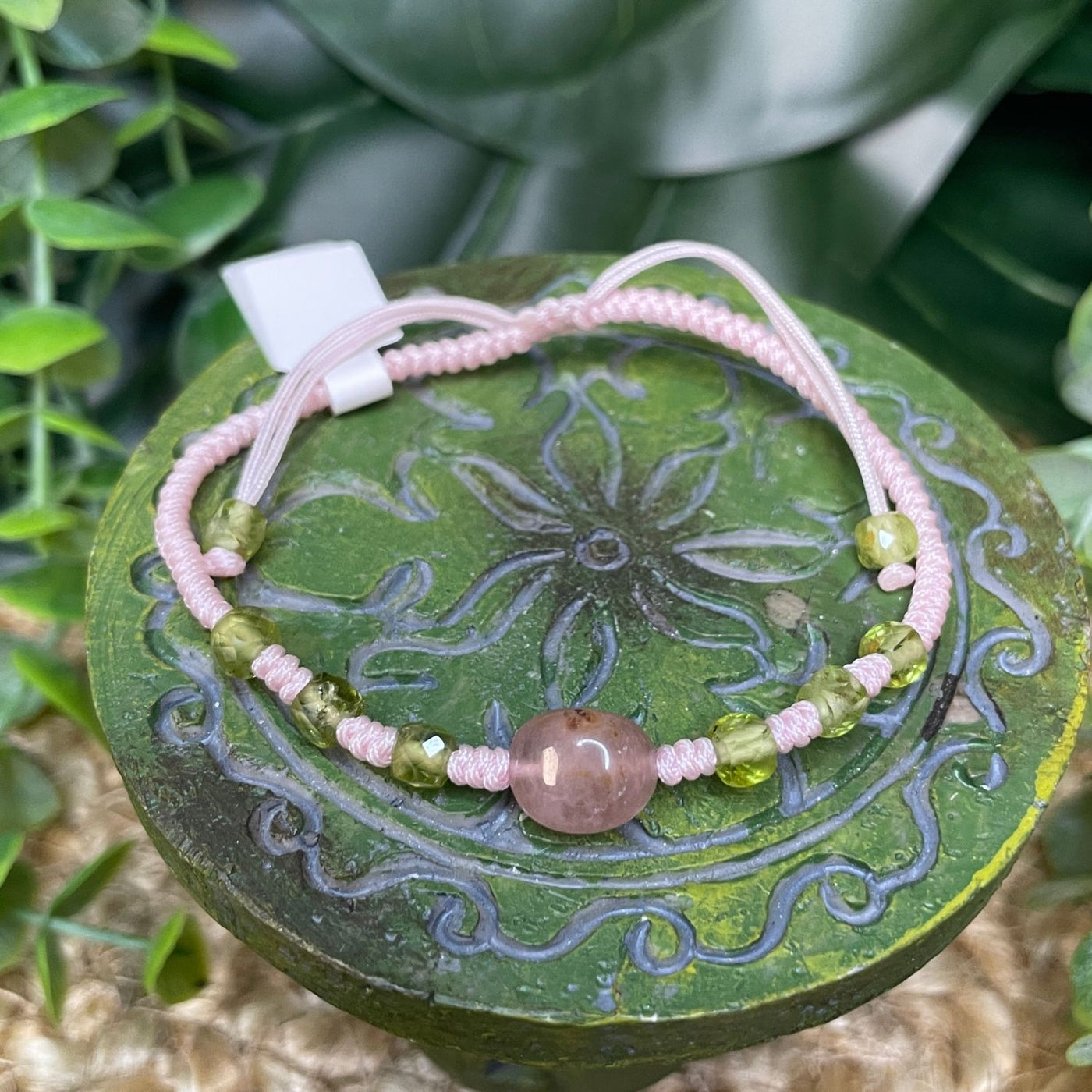 Rose Quartz and Peridot – Women’s Knitted Adjustable Bracelet