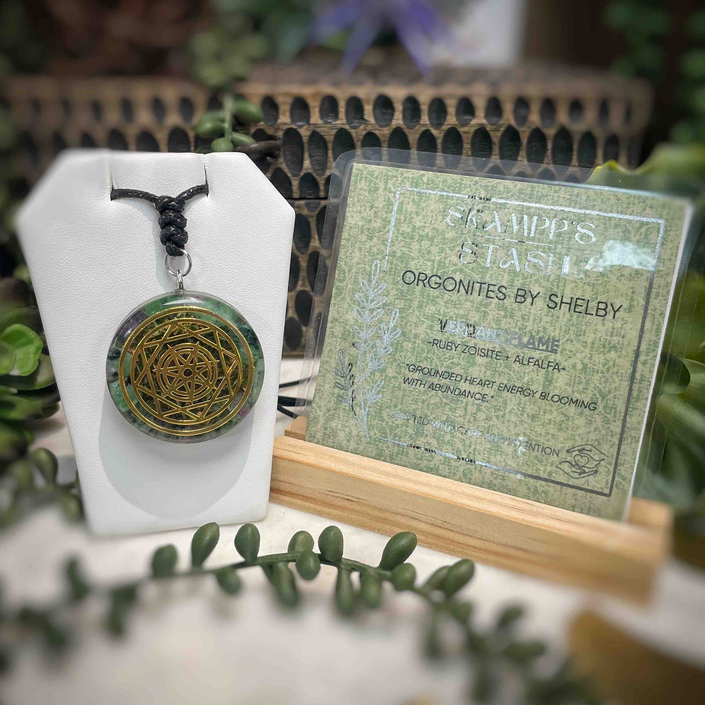 Orgonite Pendant - Ruby Zoisite + Alfalfa - Verdant Flame