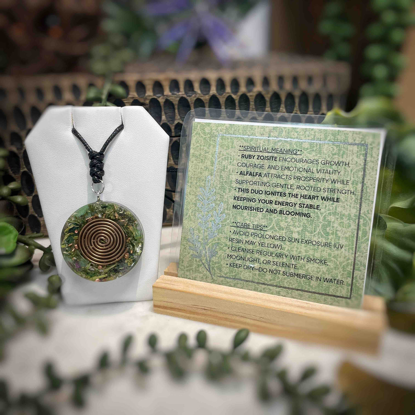 Orgonite Pendant - Ruby Zoisite + Alfalfa - Verdant Flame