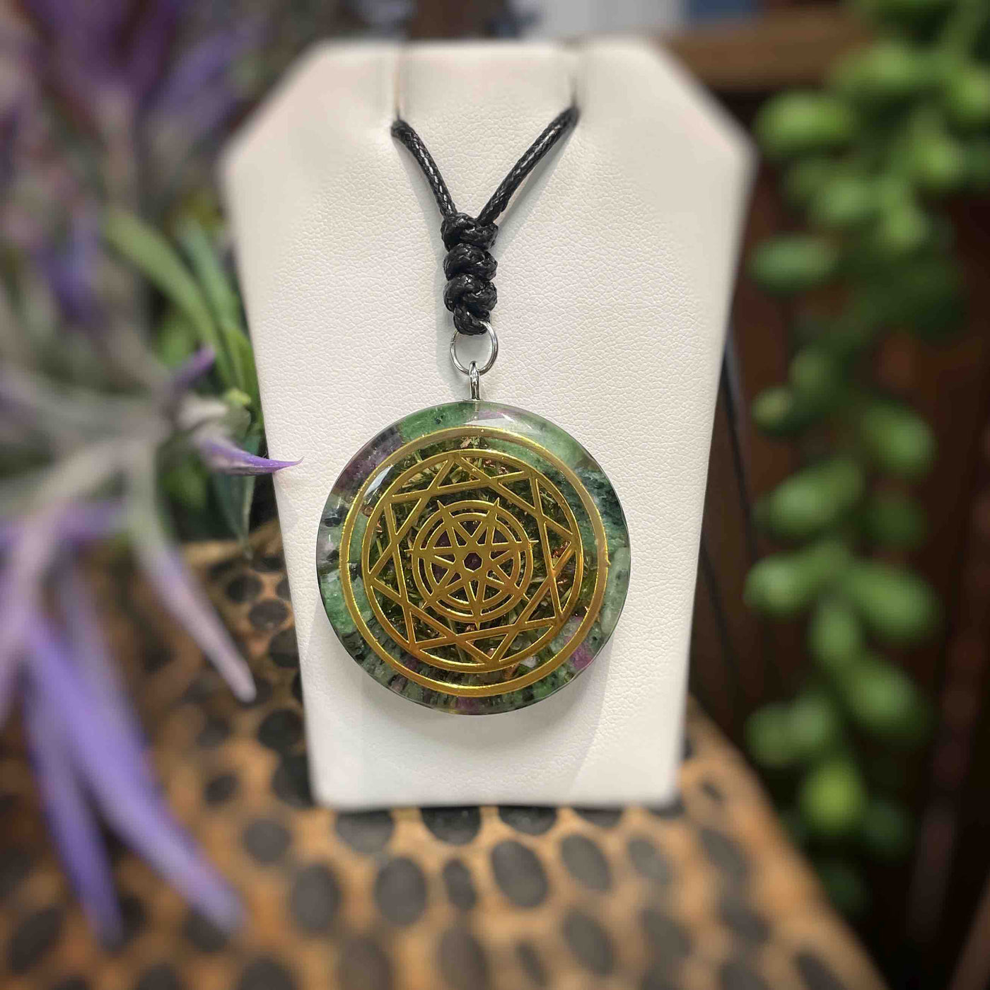 Orgonite Pendant - Ruby Zoisite + Alfalfa - Verdant Flame