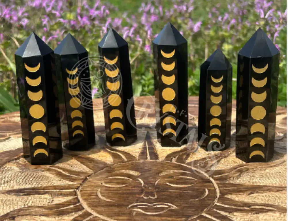 Black Obsidian Moon Etched - 2’’ 3.5’’ Tower Point Obelisk Crystals