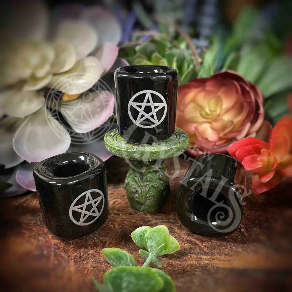 Blk W/ Silver Pentacle Charm Candle Holder -