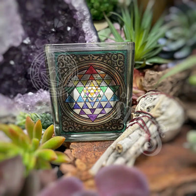 Candle Holder - Glass For Votive Or Tealight Sri Yantra Chakra