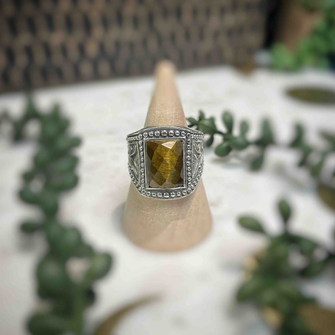 Mens Faceted Tiger Eye Sterling Silver Ring - Set 1