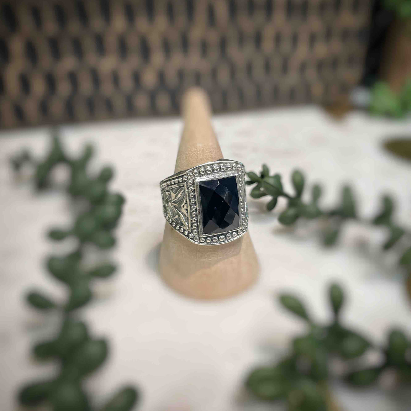 Mens Faceted Black Onyx Sterling Silver Ring - Set 1