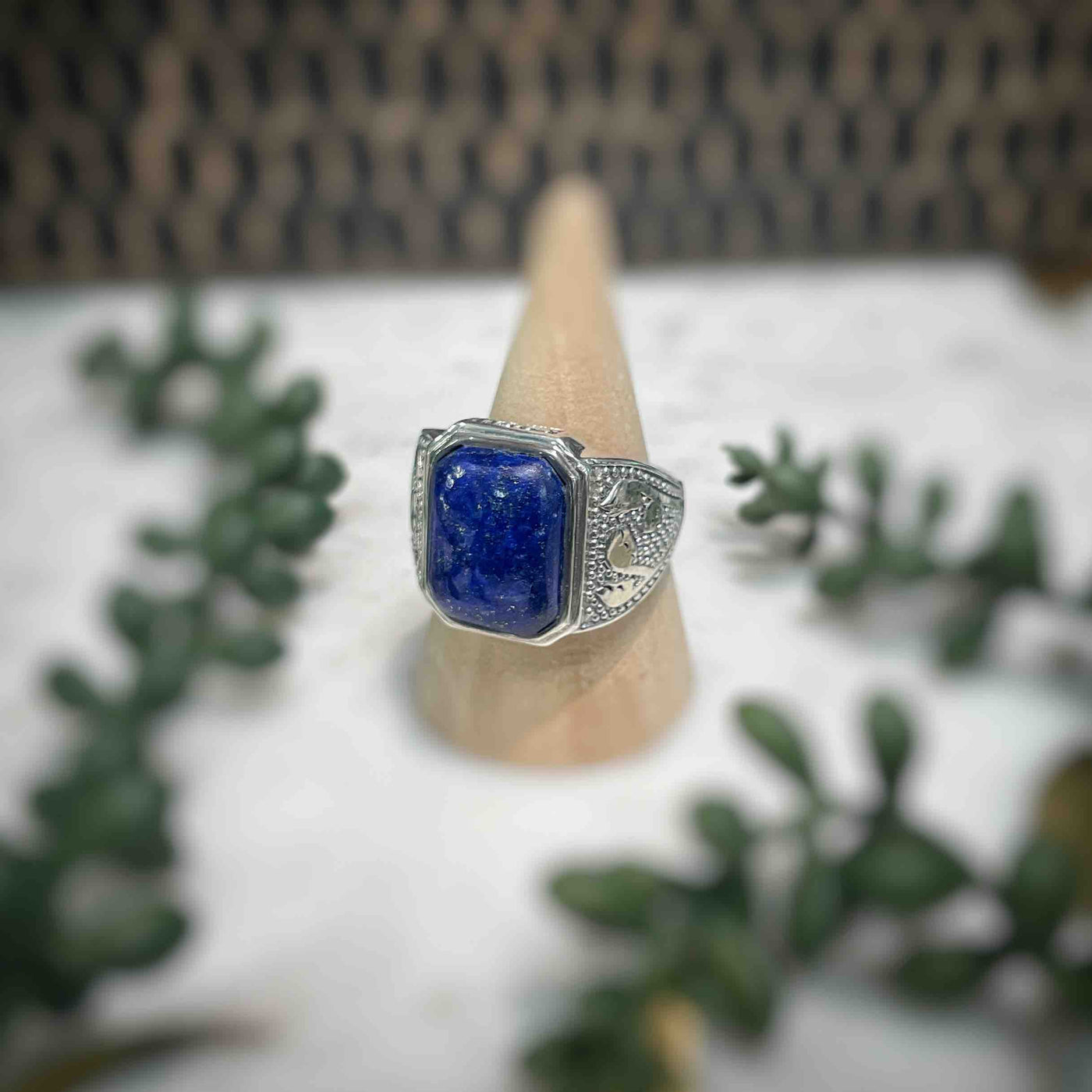 Mens Patterned Lapis Lazuli Sterling Silver Ring - Set 1